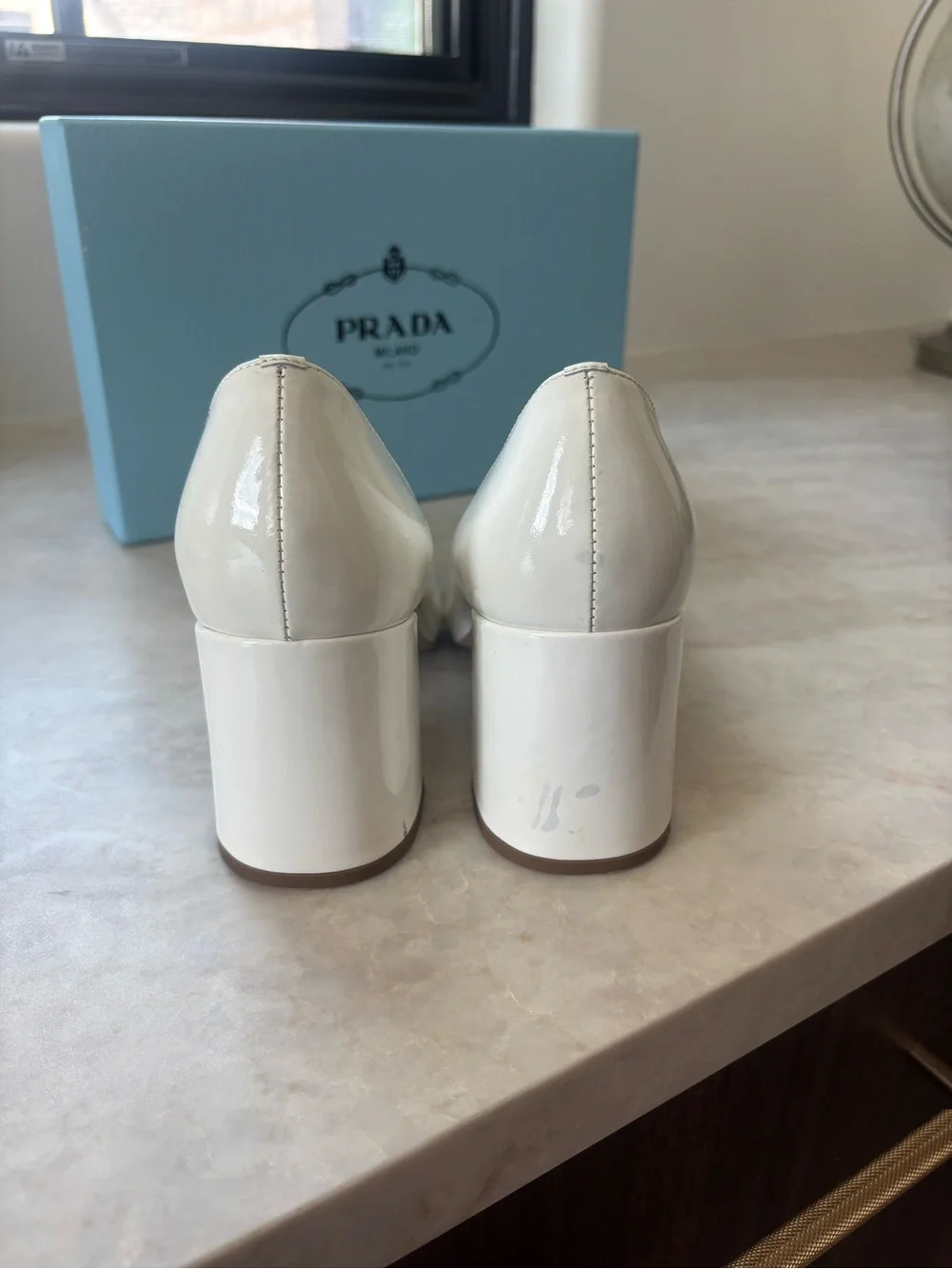 Prada Cream Patent Leather Mid Heel Loafers